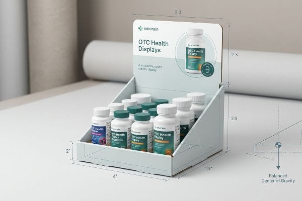 White emorain OTC Health Displays counter unit, featuring a 2:3 depth-to-height ratio for balanced center of gravity.