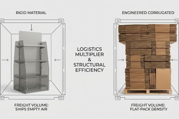 Rigid Material ships empty air; Engineered Corrugated offers flat-pack density for logistics multiplier and structural efficiency.