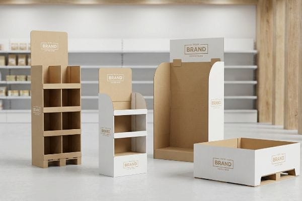 Empty cardboard point-of-purchase displays in a retail store: freestanding floor units, a countertop merchandiser, and a pallet skirt, all with 'Brand' text.