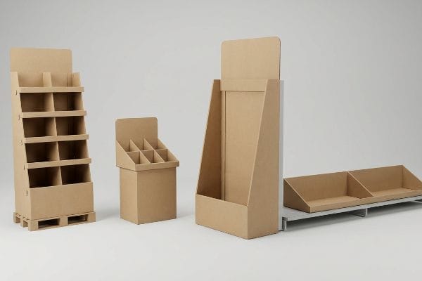 Brown corrugated cardboard retail displays including a multi-shelf floor merchandiser, countertop unit, freestanding display, and inline shelf tray.