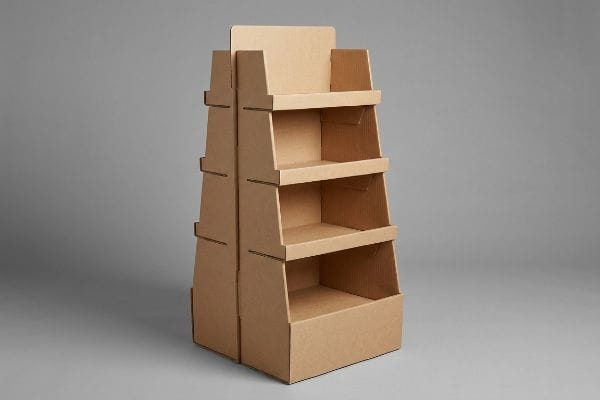 An empty, four-tier corrugated cardboard FSDU stands against a grey background, showcasing its brown, recyclable material.