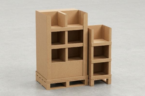 Présentoirs de sol en carton ondulé brun, un grand et un petit, conçus pour la vente au détail sur palettes.