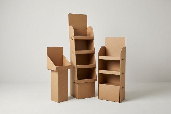 Three empty brown corrugated cardboard retail display stands: a tall floor stand, a medium floor stand, and a small countertop unit.