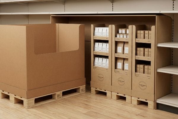 Brown corrugated cardboard fractional pallet displays, one empty and three filled with consumer goods, on wooden pallets in a retail aisle.
