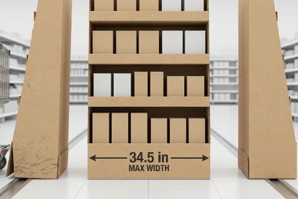 段ボール製の通路端ディスプレイ。茶色と白の箱が複数段に並べられ、ラベルがはっきりと表示されている。