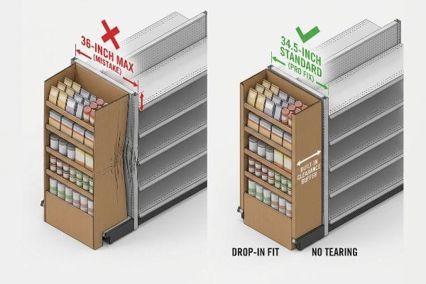 Corrugated end-cap display comparison: a 36-inch Max (Mistake) jammed against a gondola, versus a 34.5-inch Standard (Pro Fix) with Built-in Clearance Buffer for a Drop-in Fit.