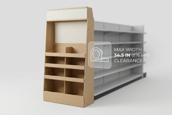 Corrugated end-cap display, showing Max Width 34.5 In (876 Mm) Clearance next to retail gondola.