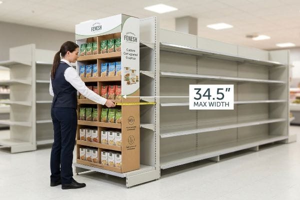 FENESH corrugated end cap display, featuring Custom Corrugated Graphics, is measured at 34.5 inches Max Width for gondola shelving.