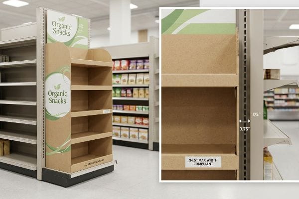 Kraft paperboard 'Organic Snacks' end-cap display, showing 0.75-inch clearance and '34.5