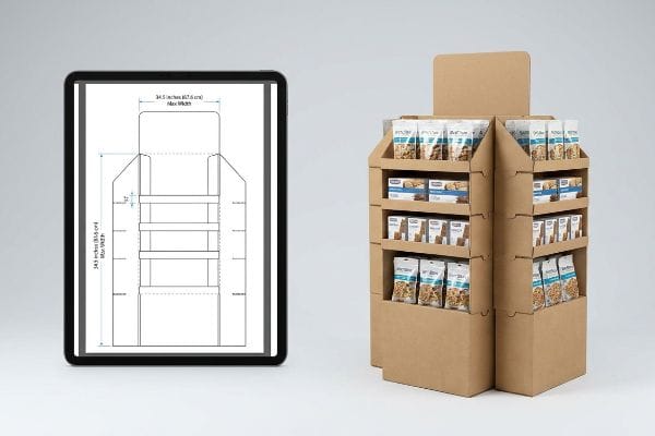 Kraft corrugated cardboard POP end-cap display with products, alongside a tablet showing its dieline with 34.5 Inches (87.6 cm) Max Width.