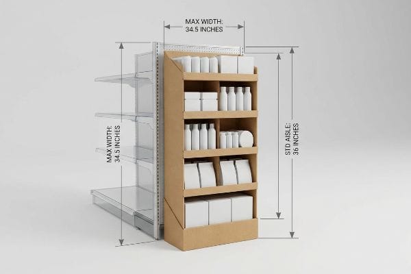 Brown corrugated cardboard end cap display with white products, showing Max Width: 34.5 Inches and Std Aisle: 36 Inches dimensions for retail gondola fit.