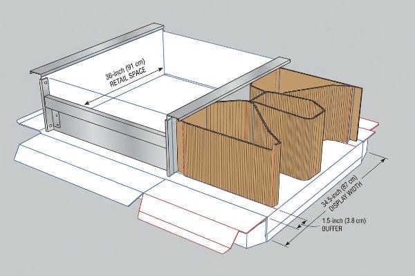 详细的等距图展示了一个零售端头展示单元,其零售空间为 36 英寸(91 厘米),图中显示了瓦楞隔板和 34.5 英寸(87 厘米)的展示宽度,以及 1.5 英寸(3.8 厘米)的缓冲带。.