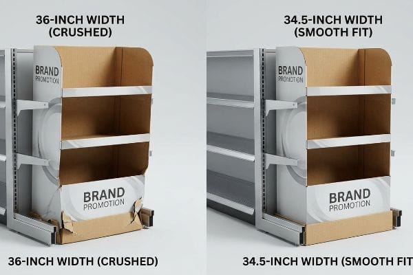 Corrugated cardboard end-cap displays: a 36-inch unit is crushed, while a 34.5-inch unit fits smoothly into metal gondola shelving, both featuring Brand Promotion.
