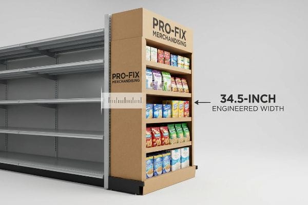 Brown cardboard Pro-Fix Merchandising endcap display, engineered to a 34.5-inch width, fitting perfectly beside grey gondola shelving.