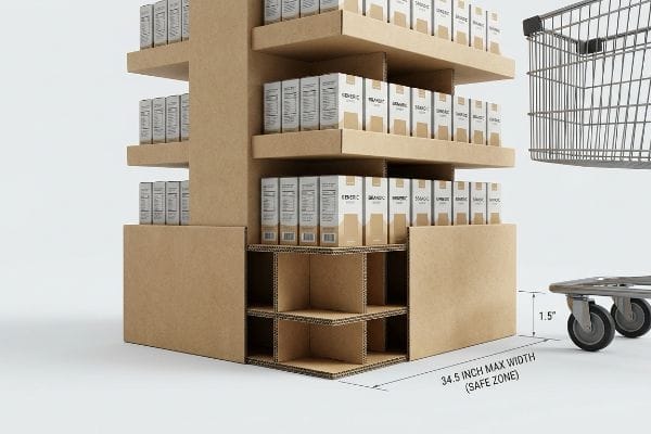 Corrugated endcap display with multi-tiered shelves, featuring internal H-dividers and a 34.5 Inch Max Width (Safe Zone) with 1.5 inch safety margin.