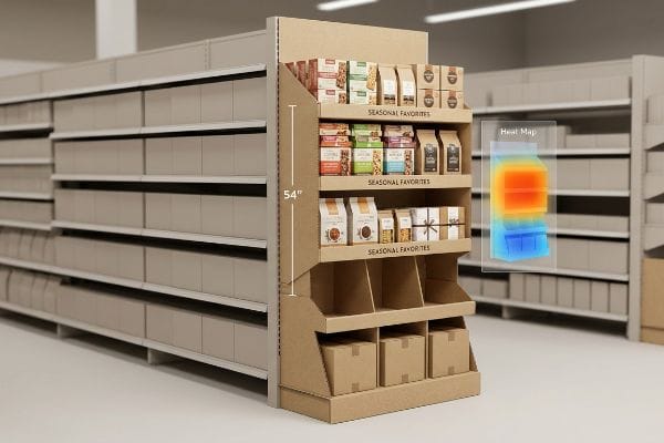 Cardboard endcap display with 54-inch strike zone and heat map, showing optimal Seasonal Favorites product placement.