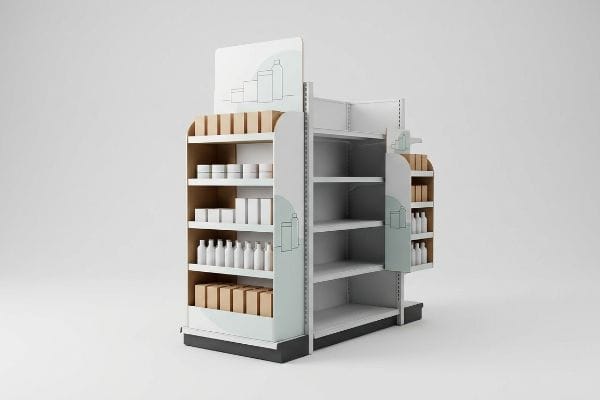 A modern retail endcap display unit, featuring white bottles, jars, and brown product boxes on multiple shelves, designed for maximizing product visibility.