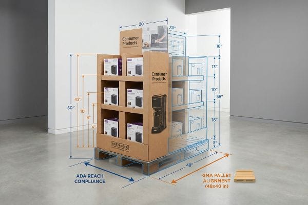 Cardboard endcap display unit with coffee makers, showing Ada Reach Compliance and Gma Pallet Alignment (48x40 in) dimensions for Consumer Products.