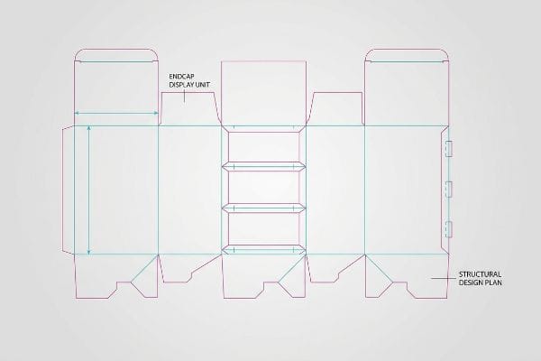 Detailed structural design plan die-line for an Endcap Display Unit, featuring magenta cut lines, cyan fold lines, and measurement arrows.