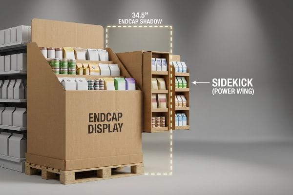 Corrugated Endcap Display on a pallet with a Sidekick (Power Wing) display, illustrating the 34.5-inch Endcap Shadow for optimal retail placement.