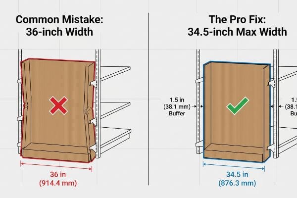 Diagram comparing endcap installation: a 36-inch (914.4 mm) width is a Common Mistake, shown pinched, versus The Pro Fix of a 34.5-inch (876.3 mm) max width with a 1.5-inch (38.1 mm) buffer for a perfect fit.