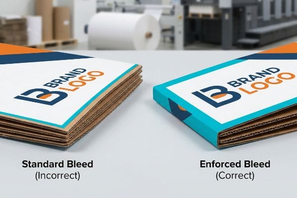 Comparaison de boîtes en carton ondulé avec un fond perdu standard incorrect et des bords bruts exposés, par rapport au fond perdu obligatoire correct de 0,5 pouce pour un logo de marque.