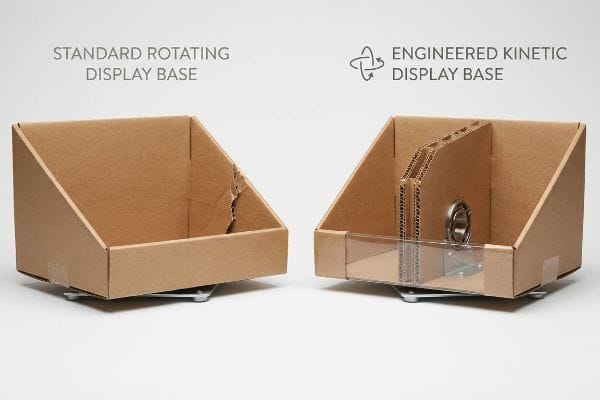 Brown corrugated display bases: damaged Standard Rotating Display Base versus Engineered Kinetic Display Base with internal ball bearing.
