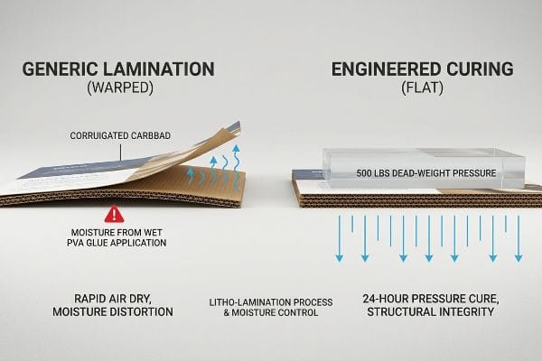 Warped corrugated cardboard from generic PVA glue lamination versus flat engineered curing with 500 Lbs pressure.