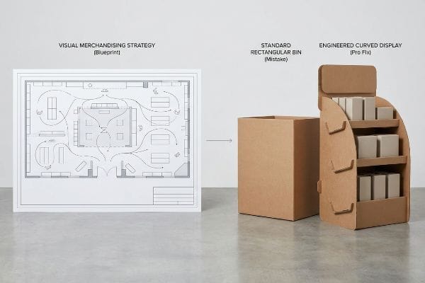 White blueprint of a 'Visual Merchandising Strategy' next to a 'Standard Rectangular Bin' and an 'Engineered Curved Display' with products.