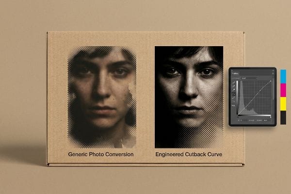 Cardboard box comparing 'Generic Photo Conversion' to 'Engineered Cutback Curve' halftone prints of a face, highlighting CMYK dot gain control with a curves graph.
