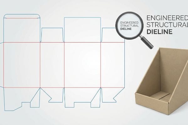 Brown corrugated cardboard display box and its flat engineered structural dieline template, with a magnifying glass highlighting 'Engineered Structural Dieline'.