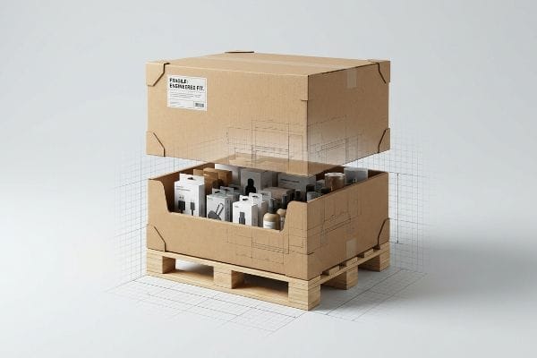 Brown corrugated custom display box on a wooden pallet, revealing products and blueprint lines, labeled