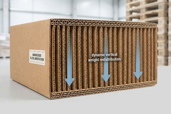 Corrugated box cross-section, vertical flutes, blue arrows for dynamic vertical weight redistribution, and 'Engineered Flute Orientation' label.