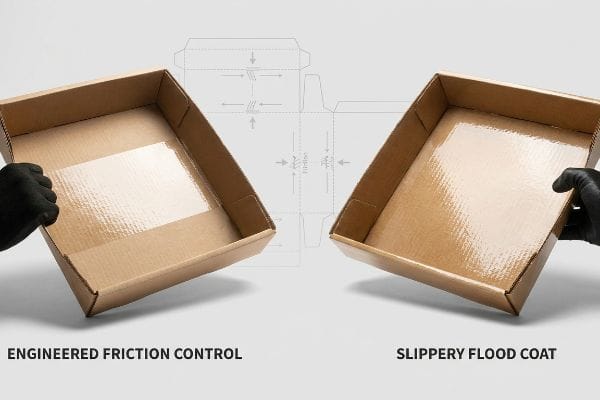 Cardboard trays comparing Engineered Friction Control spot gloss and Slippery Flood Coat, demonstrating UV coating for packaging.