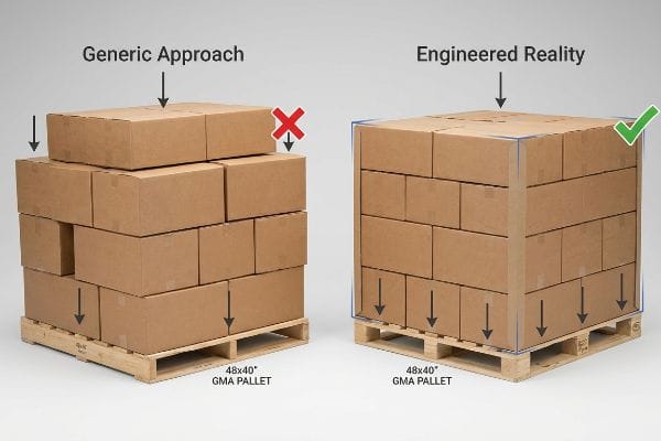 Brown corrugated boxes on 48x40 GMA pallets show Generic Approach (overhang, red X) vs. Engineered Reality (aligned, green check).