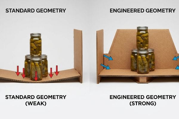 Corrugated display comparison: Standard Geometry (Weak) sags under pickle jars, while Engineered Geometry (Strong) demonstrates superior weight distribution.