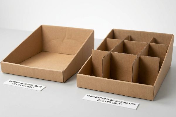 茶色の段ボール製ディスプレイには、汎用美観ベース(耐荷重174.6ポンド)と、エンジニアリングH型仕切りマトリックス(耐荷重300ポンド)が並べて表示されています。.