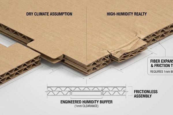 Corrugated cardboard demonstrates Dry Climate Assumption vs. High-Humidity Realty, showing fiber expansion and Engineered Humidity Buffer (1mm clearance).
