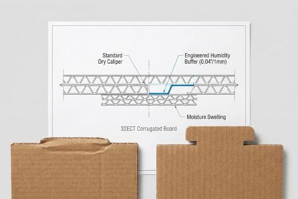 32ECT Corrugated Board diagram detailing Engineered Humidity Buffer (0.04