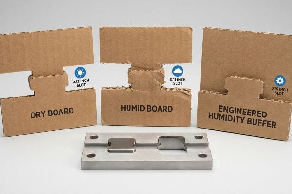 Corrugated board samples show slot changes: Dry Board (0.12 Inch Slot), Humid Board (0.11 Inch Slot, crushed), and Engineered Humidity Buffer (0.16 Inch Slot) with a metal die.