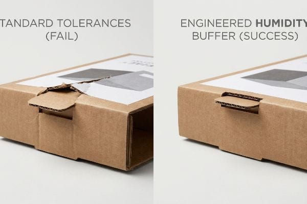 Brown corrugated cardboard boxes comparing a torn Standard Tolerances (Fail) locking tab with a perfect Engineered Humidity Buffer (Success) tab.