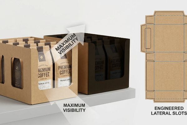 Corrugated PDQ display trays with windowed side support slots boost Premium Coffee visibility, shown with an Engineered Lateral Slots dieline.