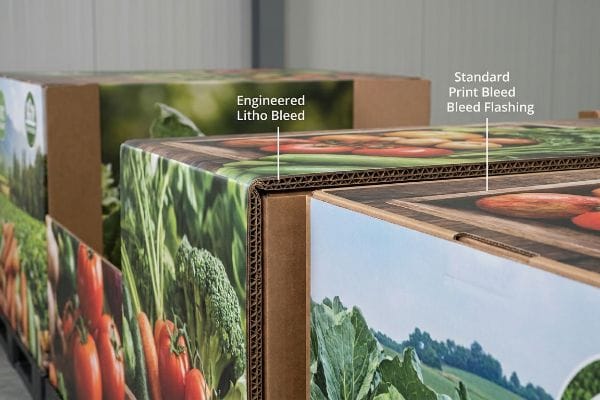 Corrugated cardboard boxes showcase the difference between Engineered Litho Bleed and Standard Print Bleed Bleed Flashing, highlighting clean print wrap versus exposed brown edges.