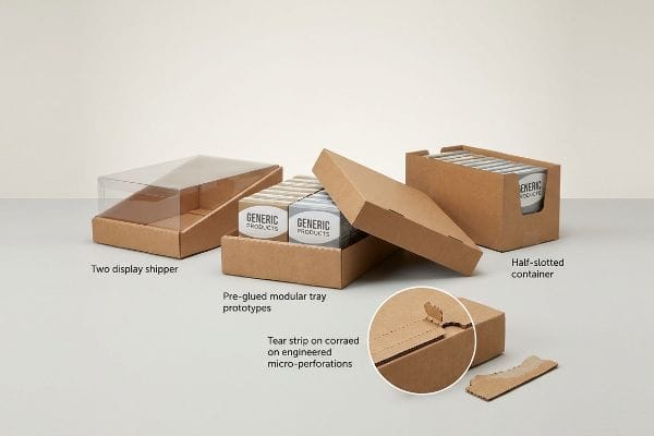 Corrugated shelf-ready packaging prototypes: two display shipper, modular trays with Generic Products, half-slotted container, and engineered micro-perforations tear strip.
