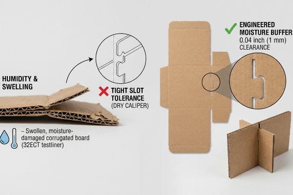 Swollen 32ECT testliner corrugated board versus an engineered 0.04 inch (1 mm) moisture buffer clearance.