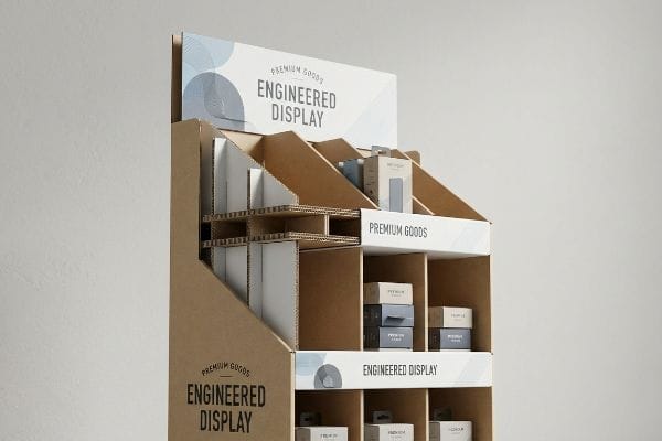 一款采用工程瓦楞纸板制成的零售展示单元,其特点是