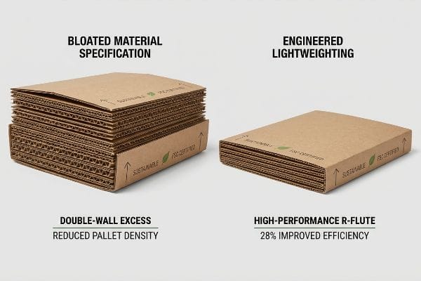 Brown corrugated cardboard stacks compare Bloated Material Specification (Double-Wall Excess) with Engineered Lightweighting (High-Performance R-Flute, 28% Improved Efficiency), both Sustainable FSC Certified.