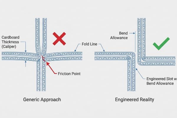 Corrugated cardboard thickness caliper comparison: generic approach shows friction, engineered reality uses bend allowance slot for smooth folding.