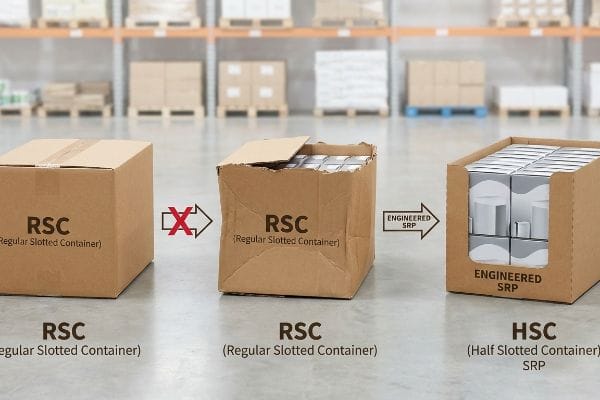 Corrugated boxes show RSC to Engineered SRP (HSC) packaging transition for retail display.