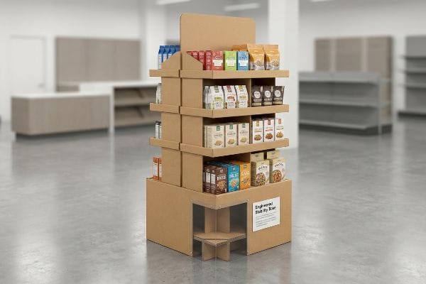 Kraft corrugated display stand with an Engineered Stability Base, showcasing various packaged food products in a retail setting.